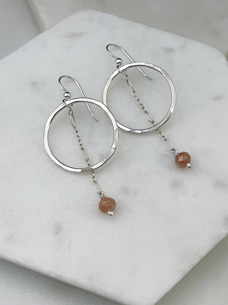 Sterling silver hoop earrings with peach moonstone gemstones