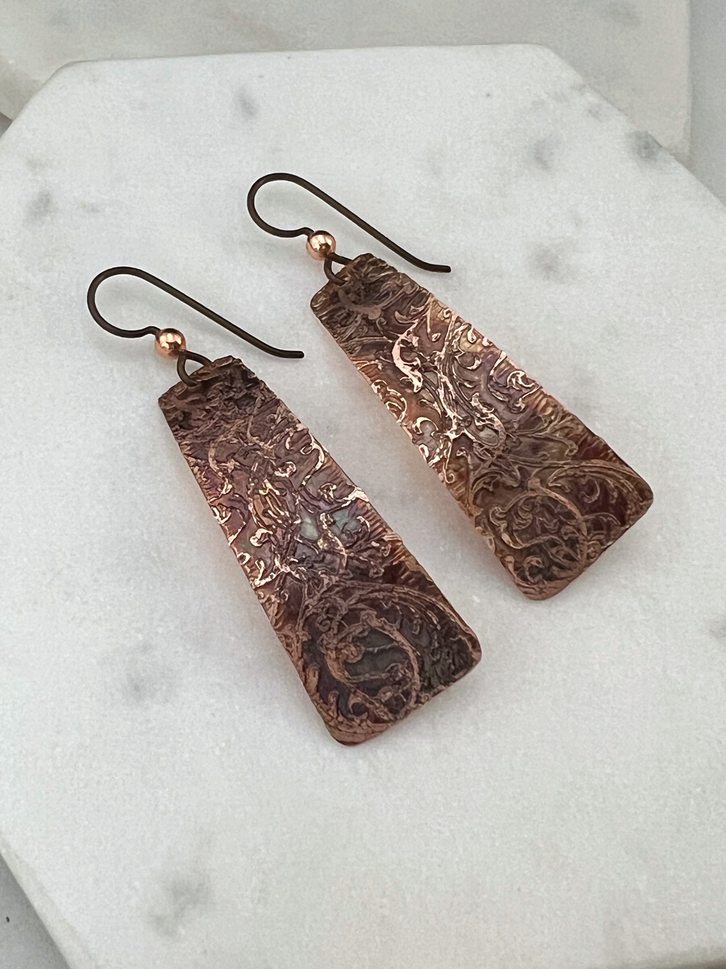 Acid etched copper irregular rectangle earrings