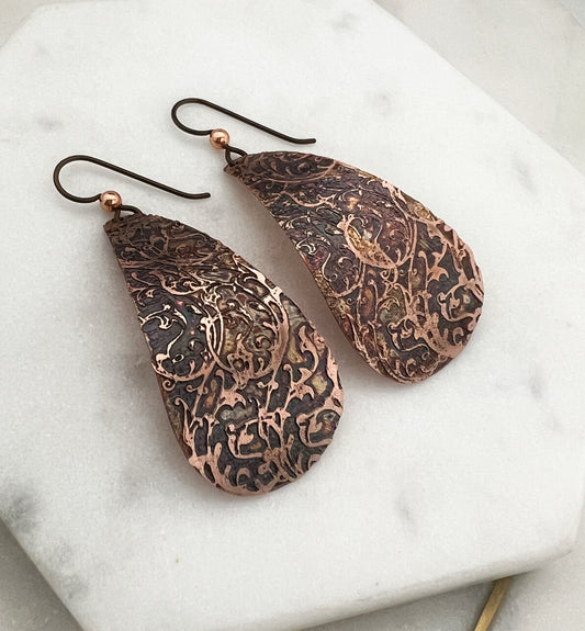 Large acid etched copper teardrop earrings