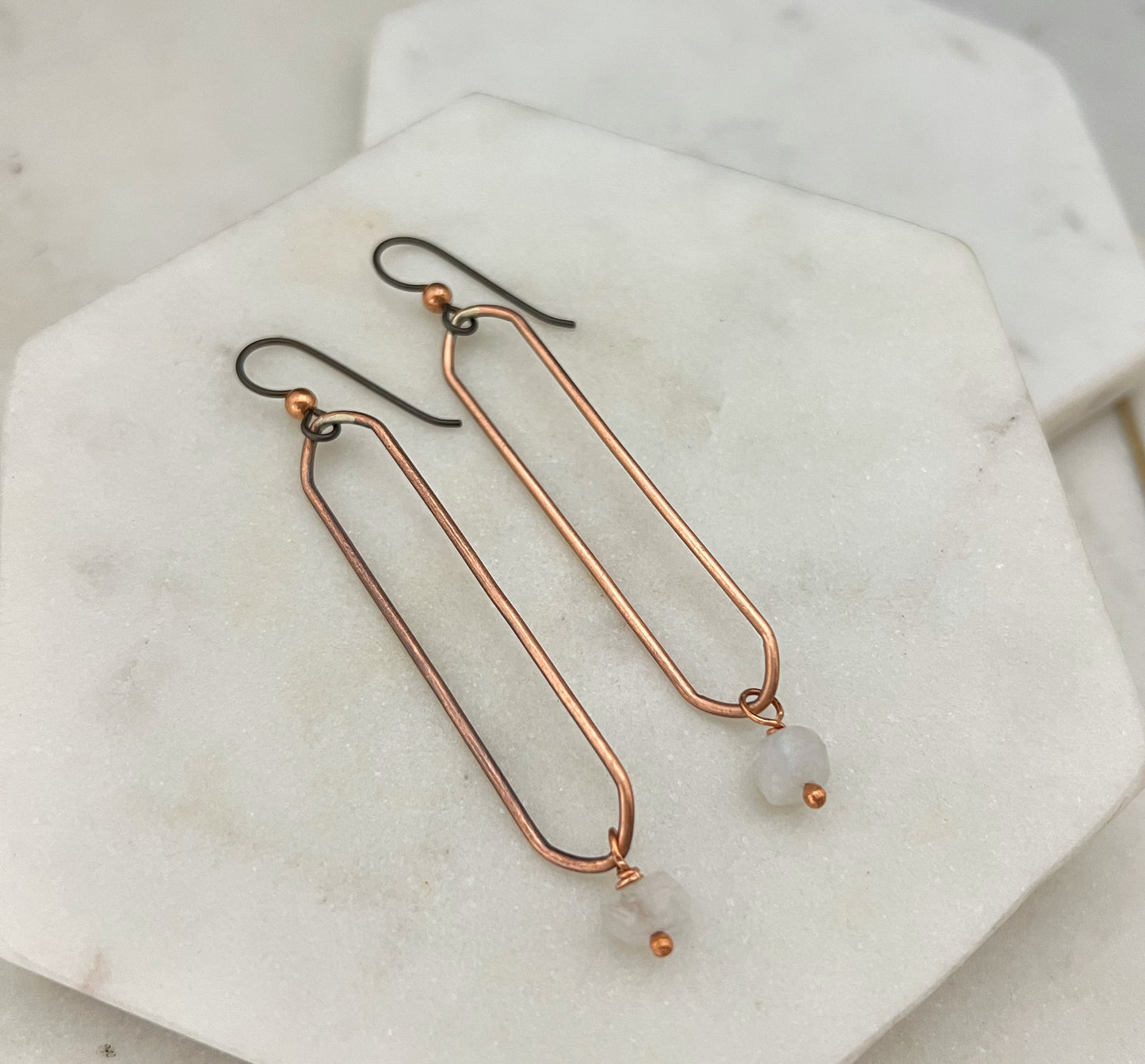 Copper oval hoops with moonstone gemstones