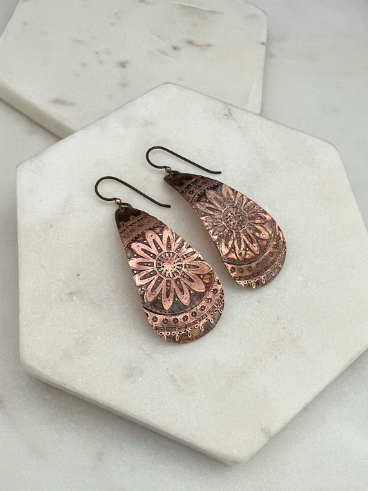 Large acid etched copper teardrop earrings