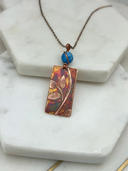 Acid etched copper leaf necklace with apatite gemstone