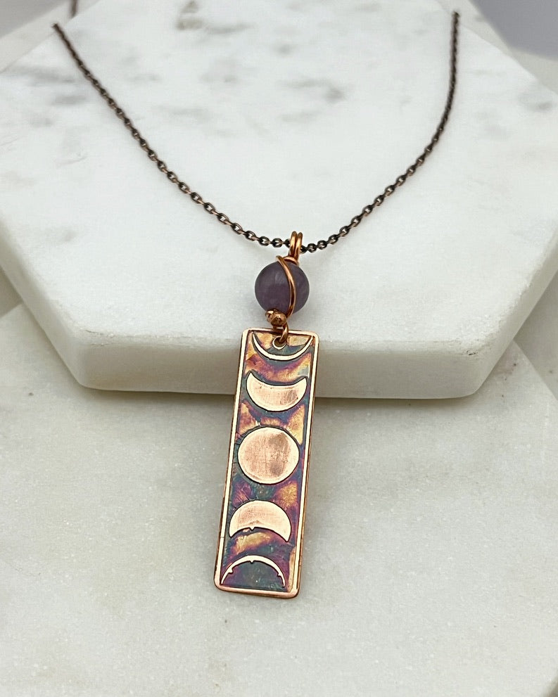 Moon phase acid etched copper necklace with amethyst gemstone