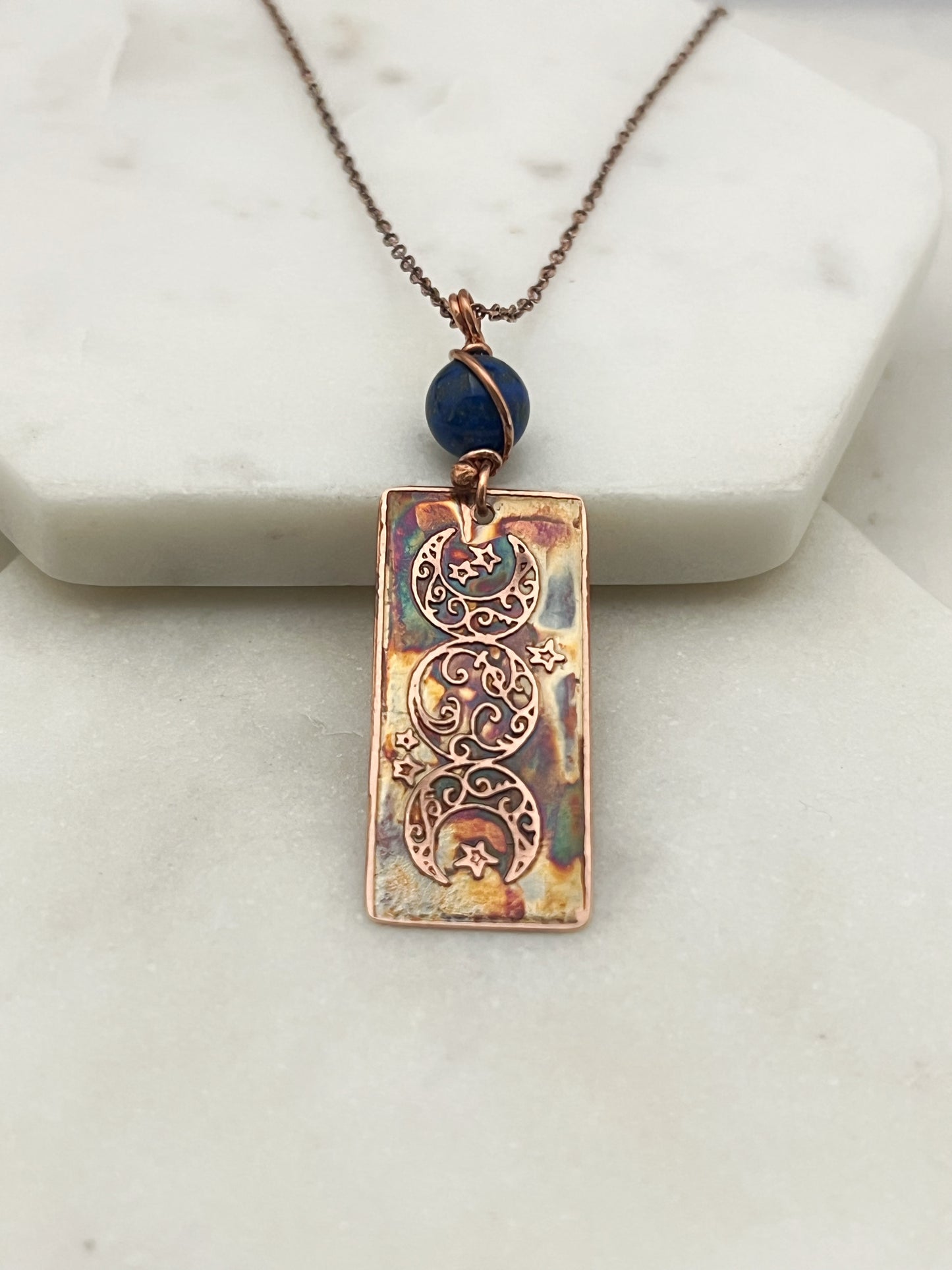 Acid etched copper and lapis triple moon necklace