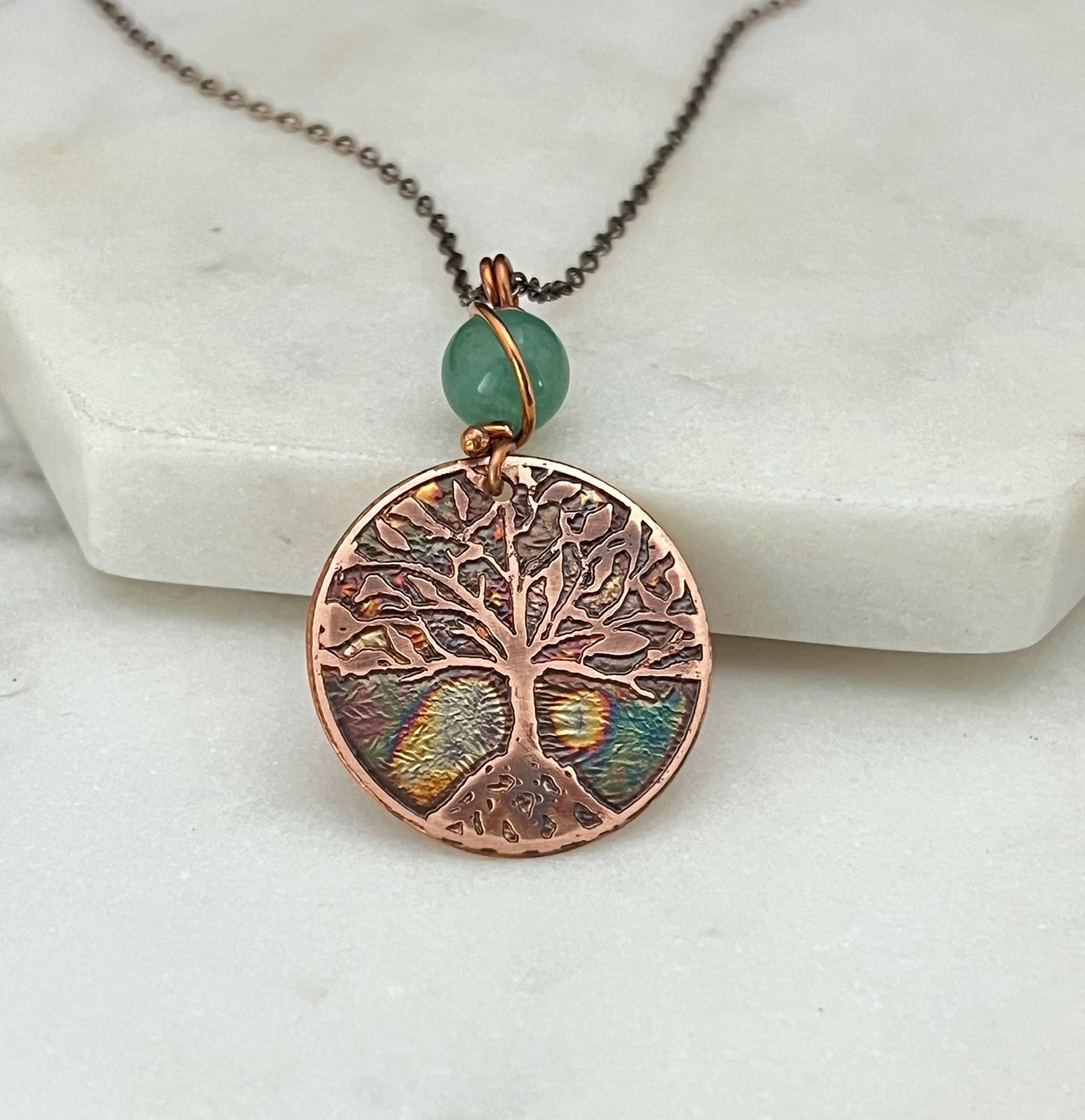 Copper and aventurine rooted tree necklace