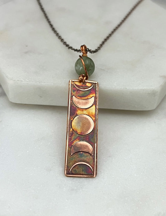 Moon phase acid etched copper necklace with jade gemstone