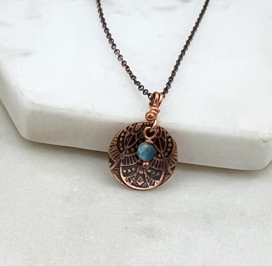 Acid etched copper necklace with apatite gemstone