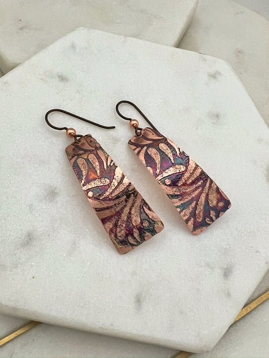 Acid etched copper irregular rectangle earrings