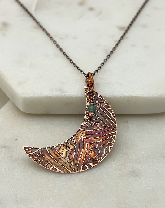 Acid etched copper crescent necklace with aventurine gemstone