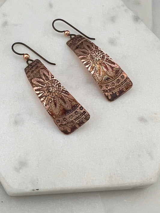 Acid etched copper irregular rectangle earrings