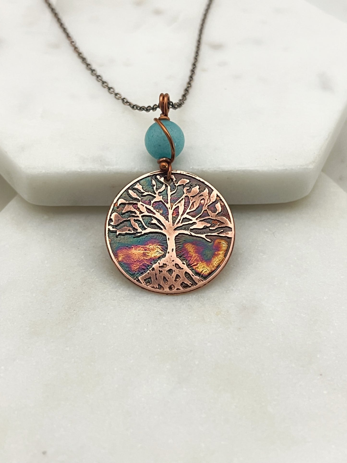 Copper and amazonite rooted tree necklace