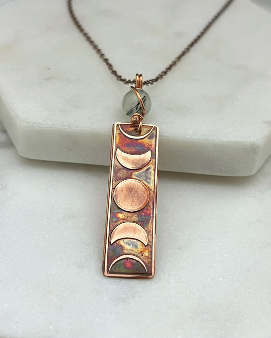 Moon phase acid etched copper necklace with prehnite gemstone