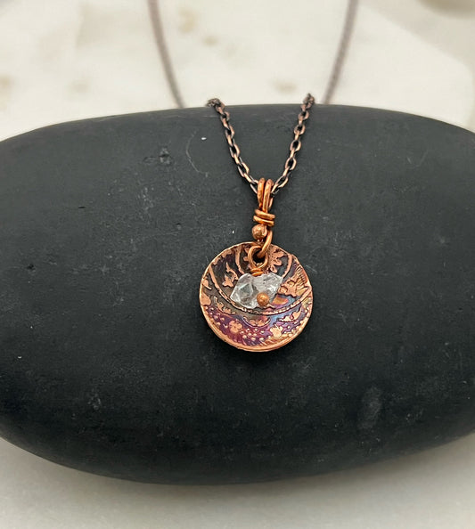 Acid etched copper necklace with herkimer diamond gemstone