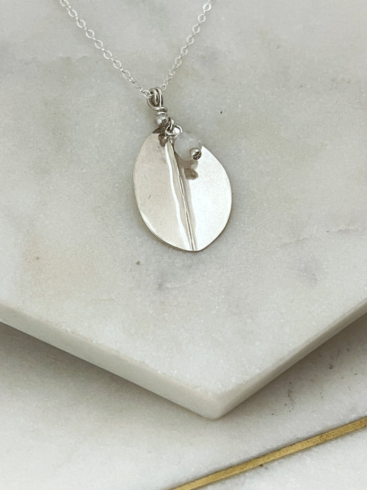 Forged sterling silver leaf necklace with moonstone gemstone