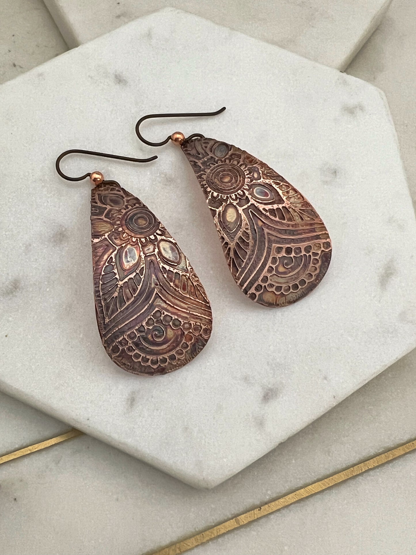 Large acid etched copper teardrop earrings