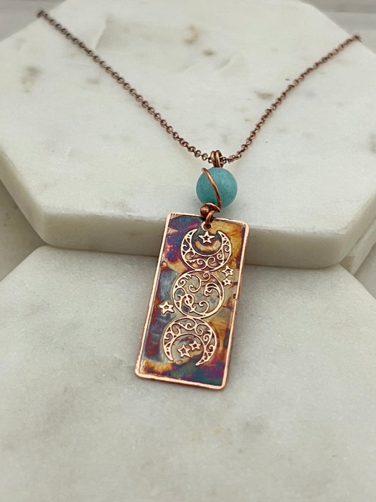 Acid etched copper and amazonite triple moon necklace