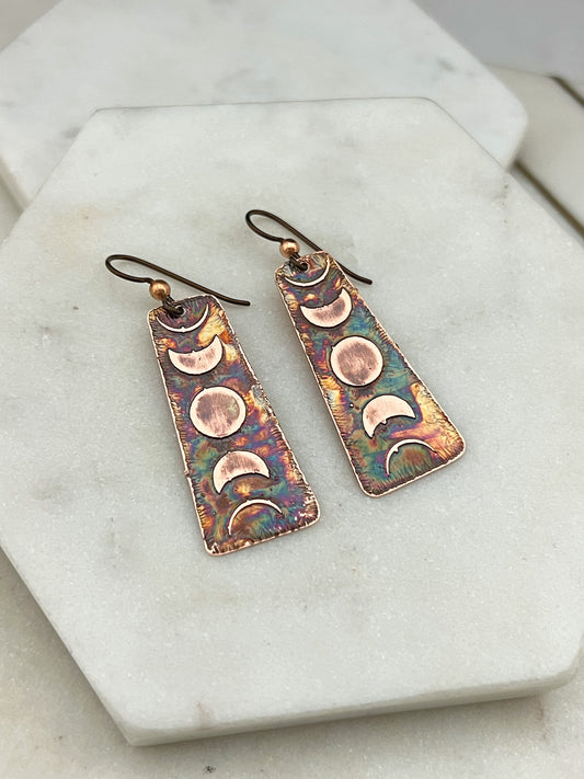 Acid etched copper moon phase earrings