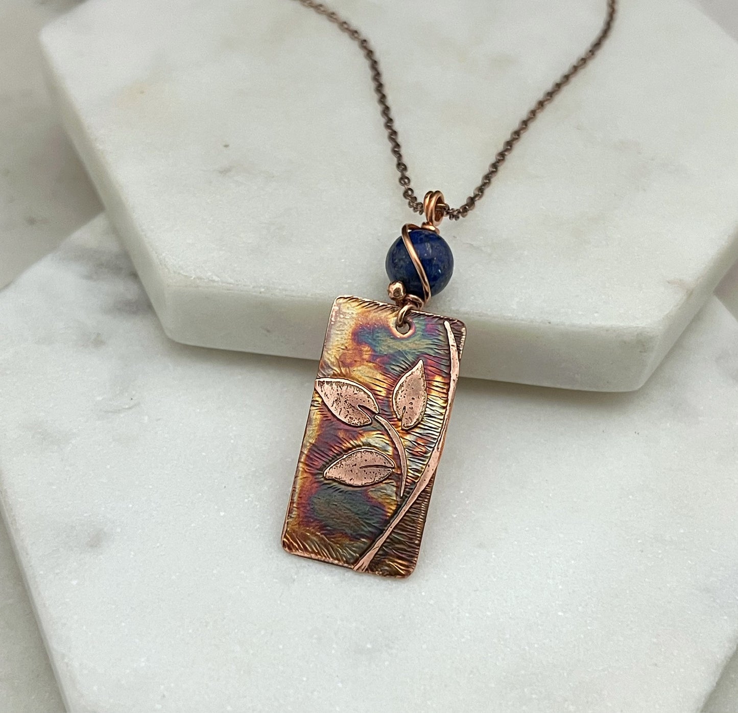 Acid etched copper leaf necklace with lapis gemstone