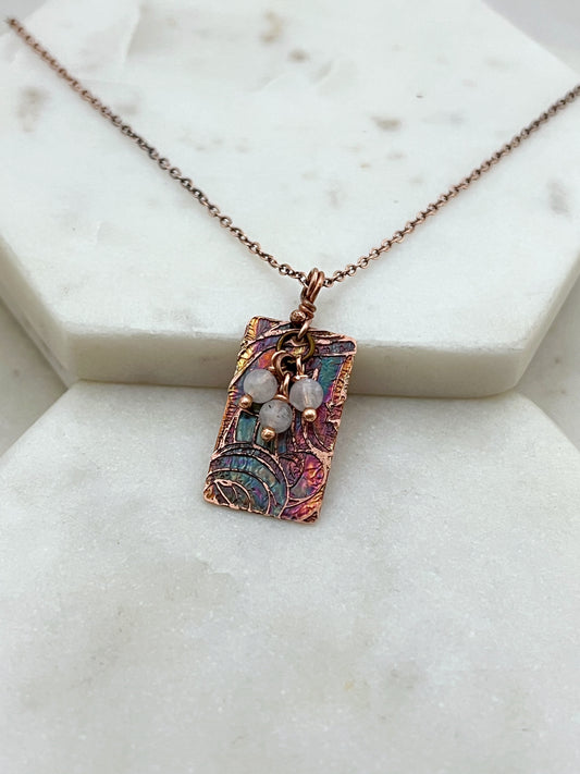 Acid etched copper necklace with moonstone gemstones