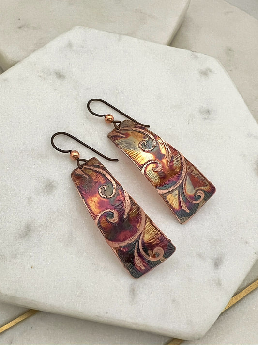 Acid etched copper irregular rectangle earrings