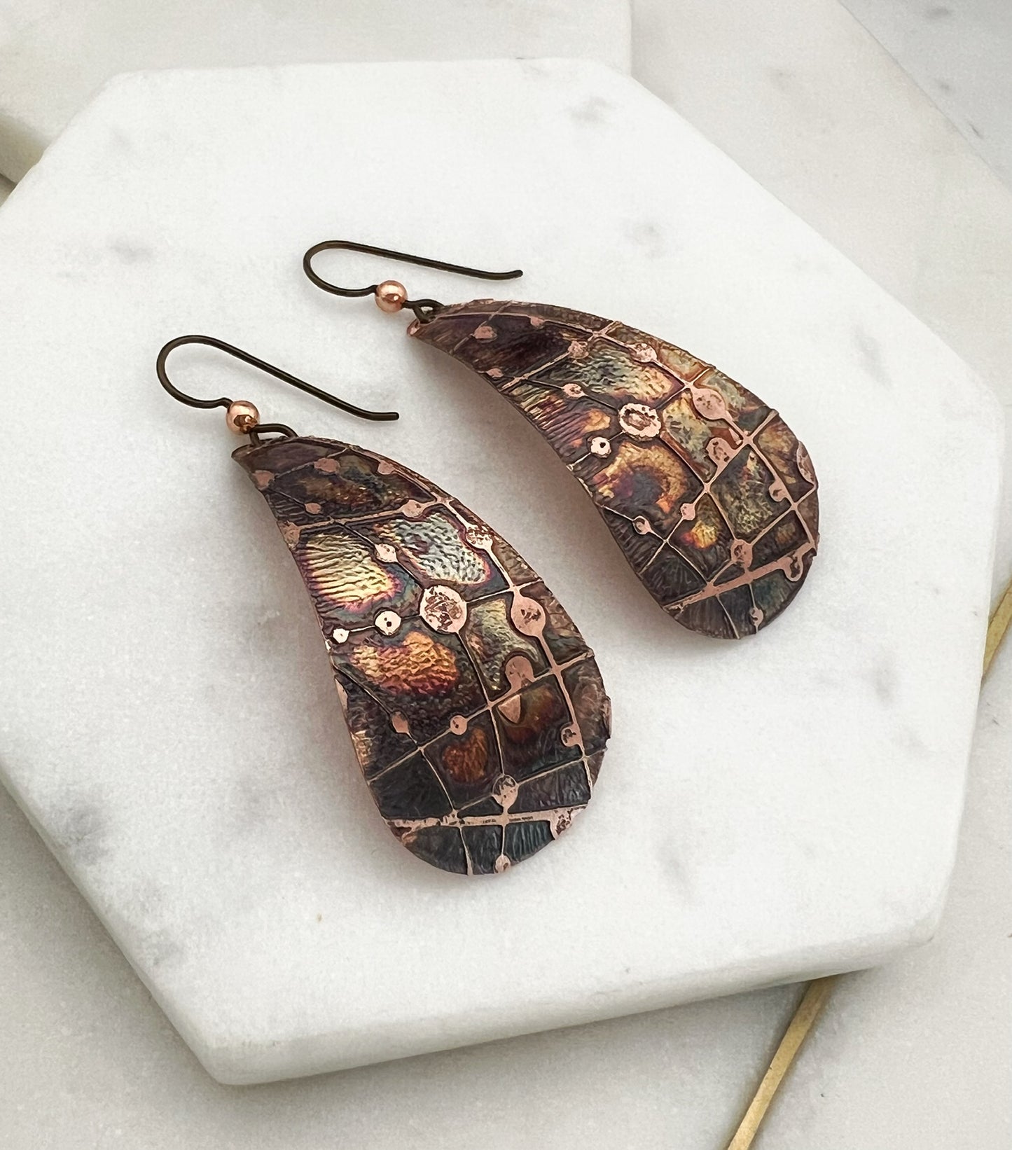 Large acid etched copper teardrop earrings