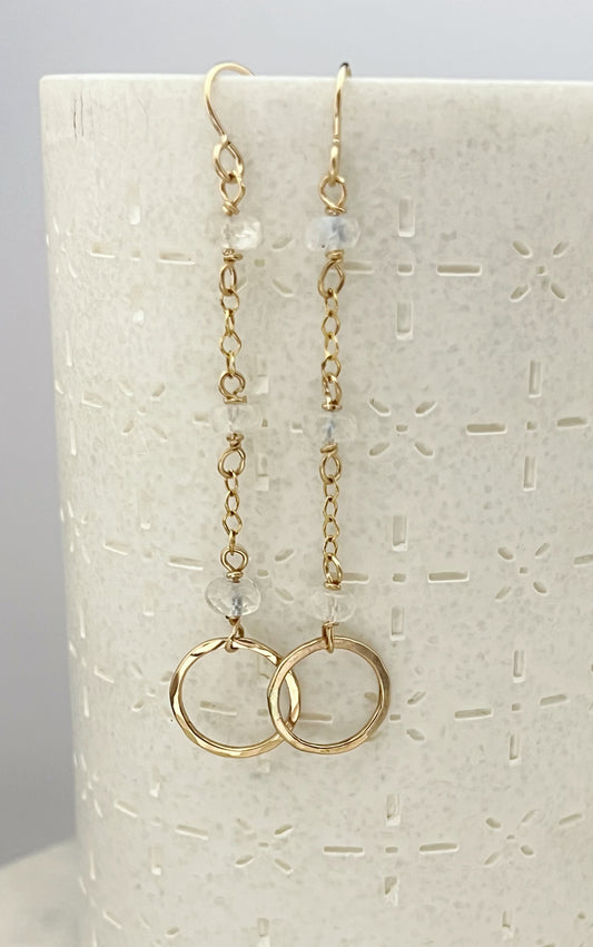 14K Gold and rainbow moonstone hoops