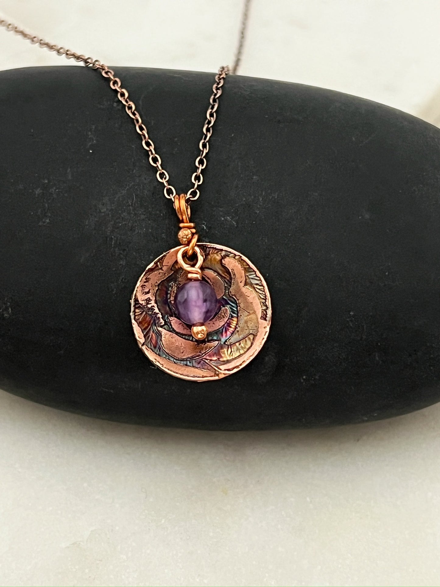 Acid etched copper necklace with amethyst gemstone