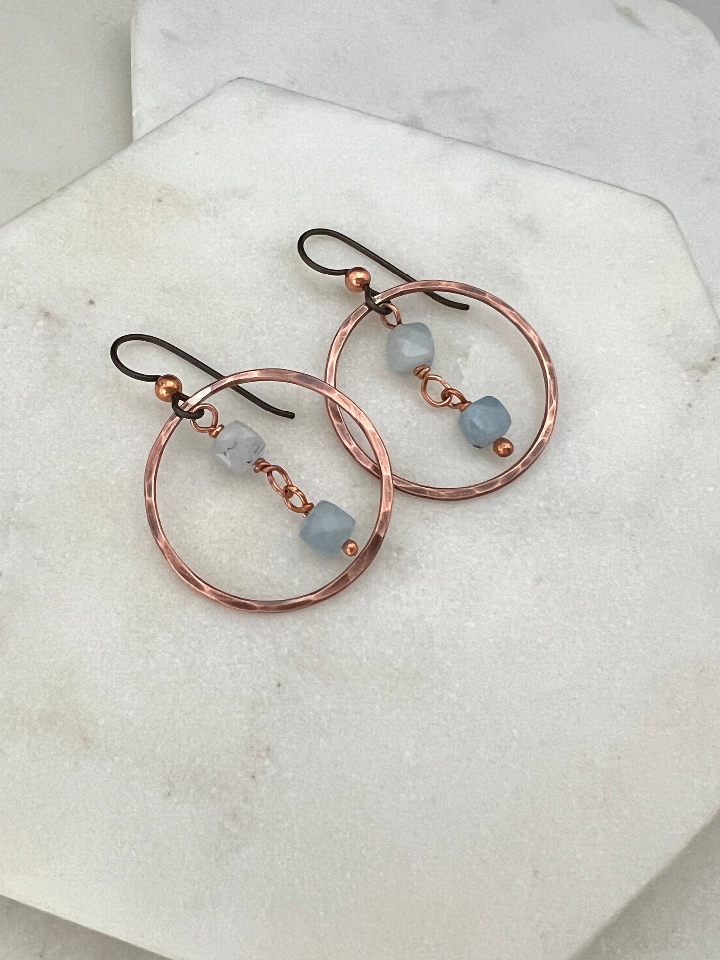 Copper hoops with aquamarine chain gemstones