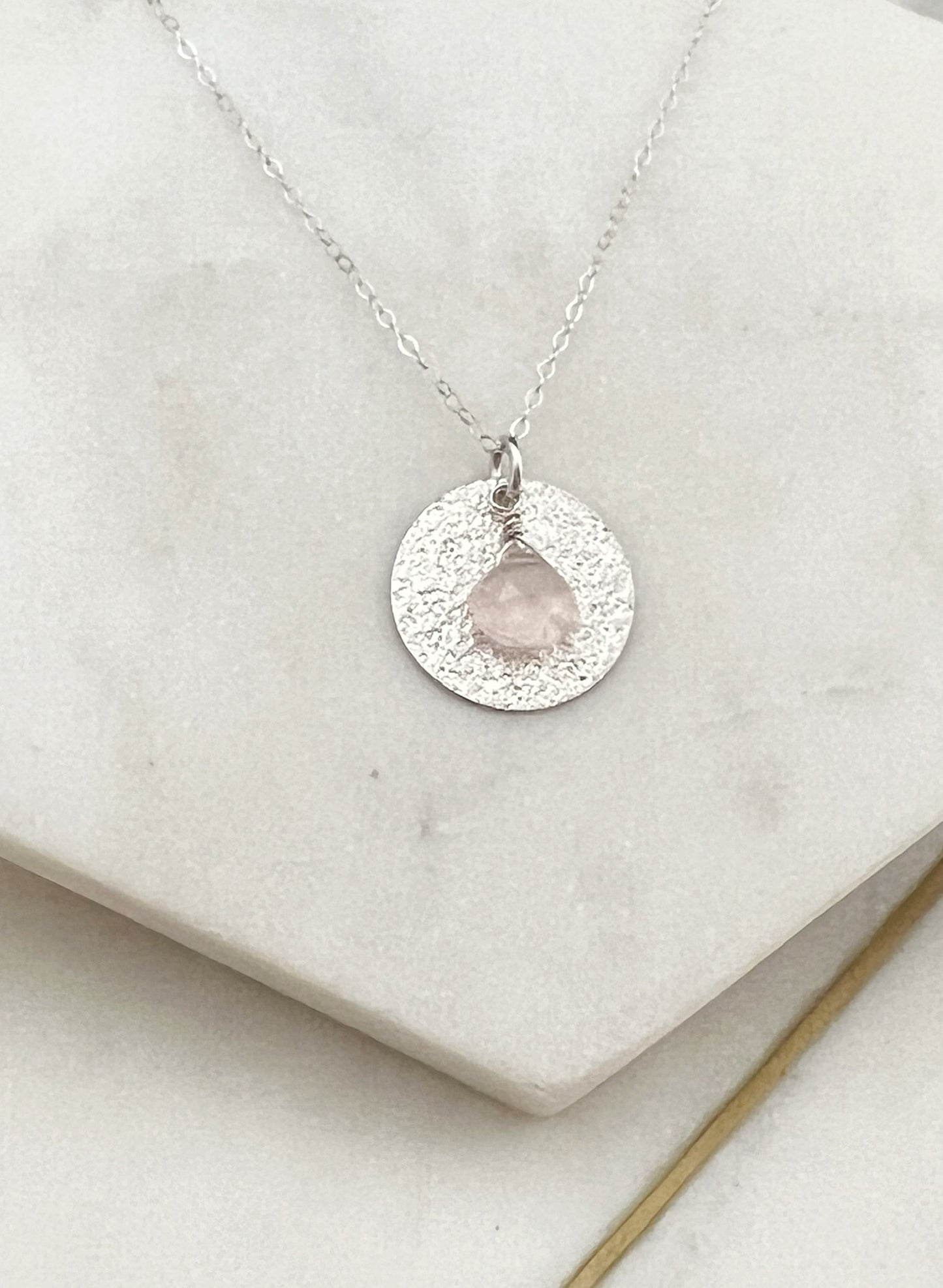 Sterling silver circle necklace with rose quartz