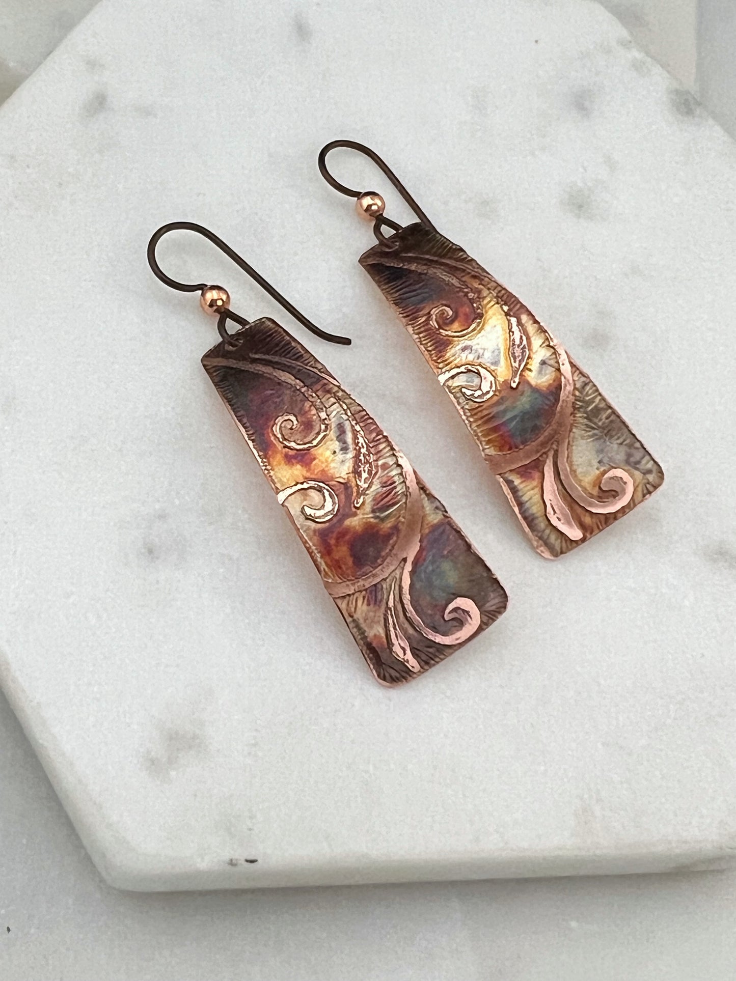 Acid etched copper irregular rectangle earrings