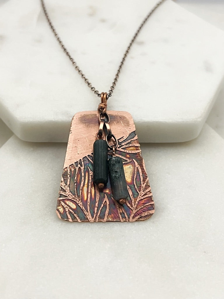 Acid etched copper necklace with tree agate gemstone