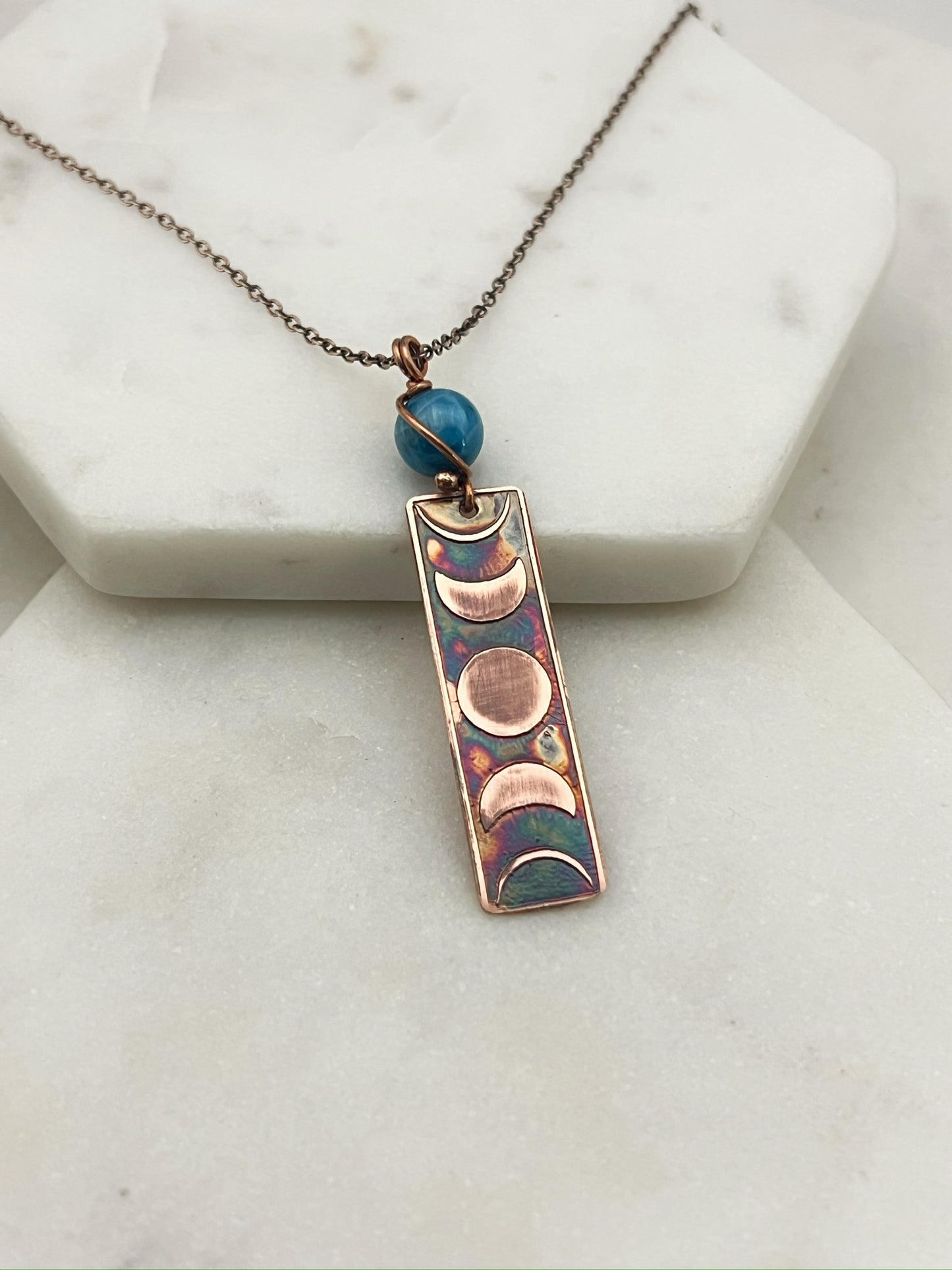 Moon phase acid etched copper necklace with apatite gemstone