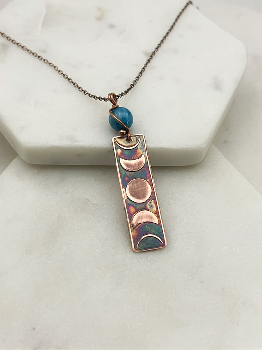 Moon phase acid etched copper necklace with apatite gemstone