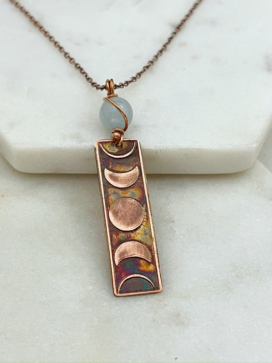 Moon phase acid etched copper necklace with aquamarine gemstone