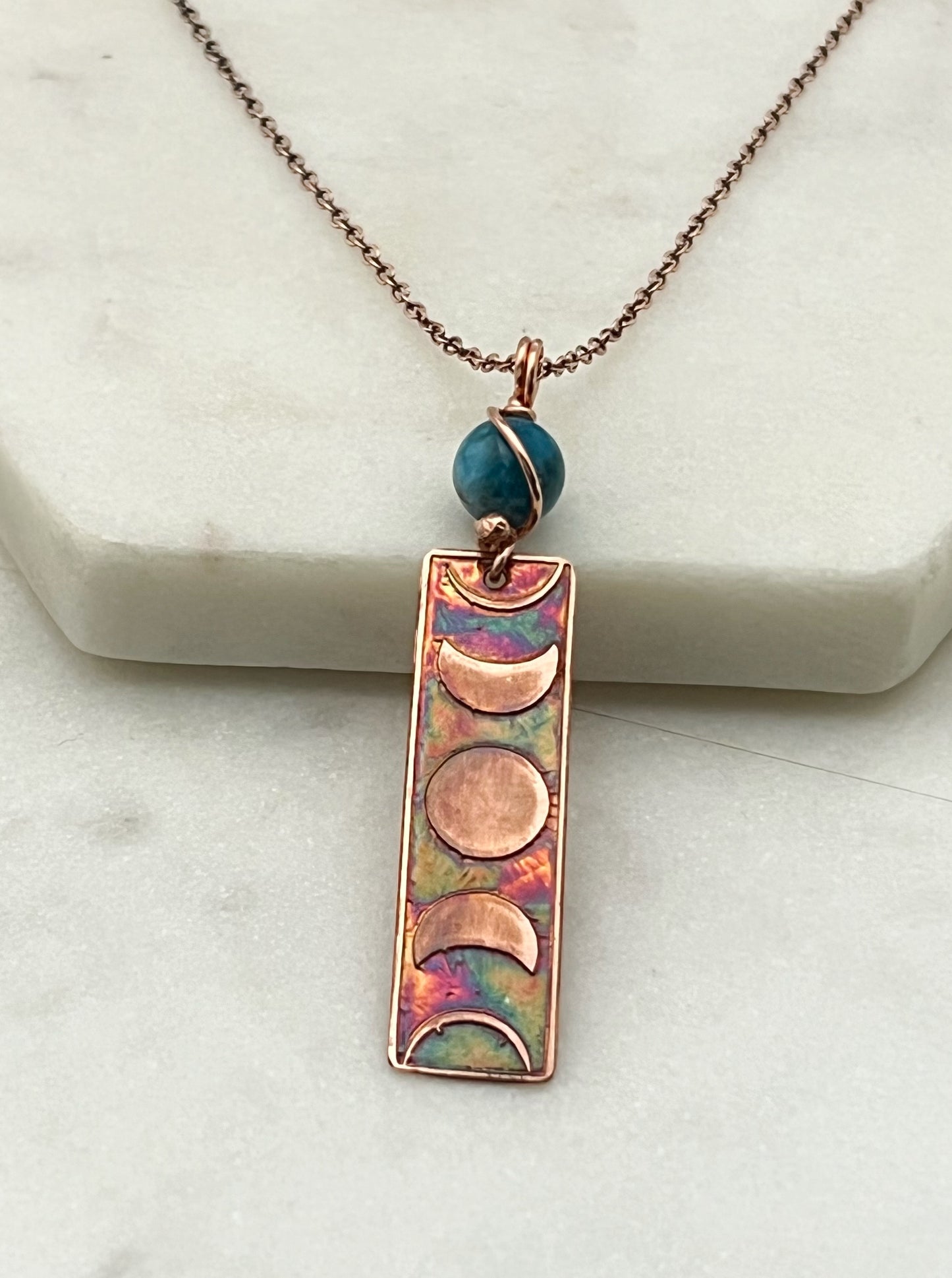 Moon phase acid etched copper necklace with apatite gemstone