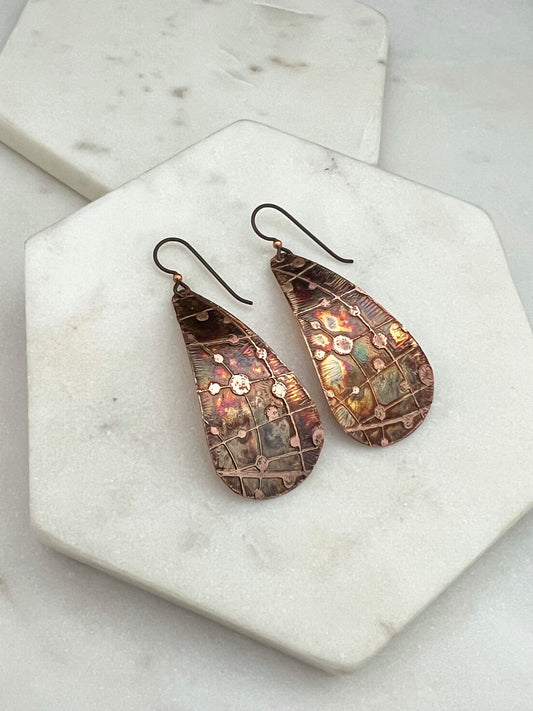 Large acid etched copper teardrop earrings