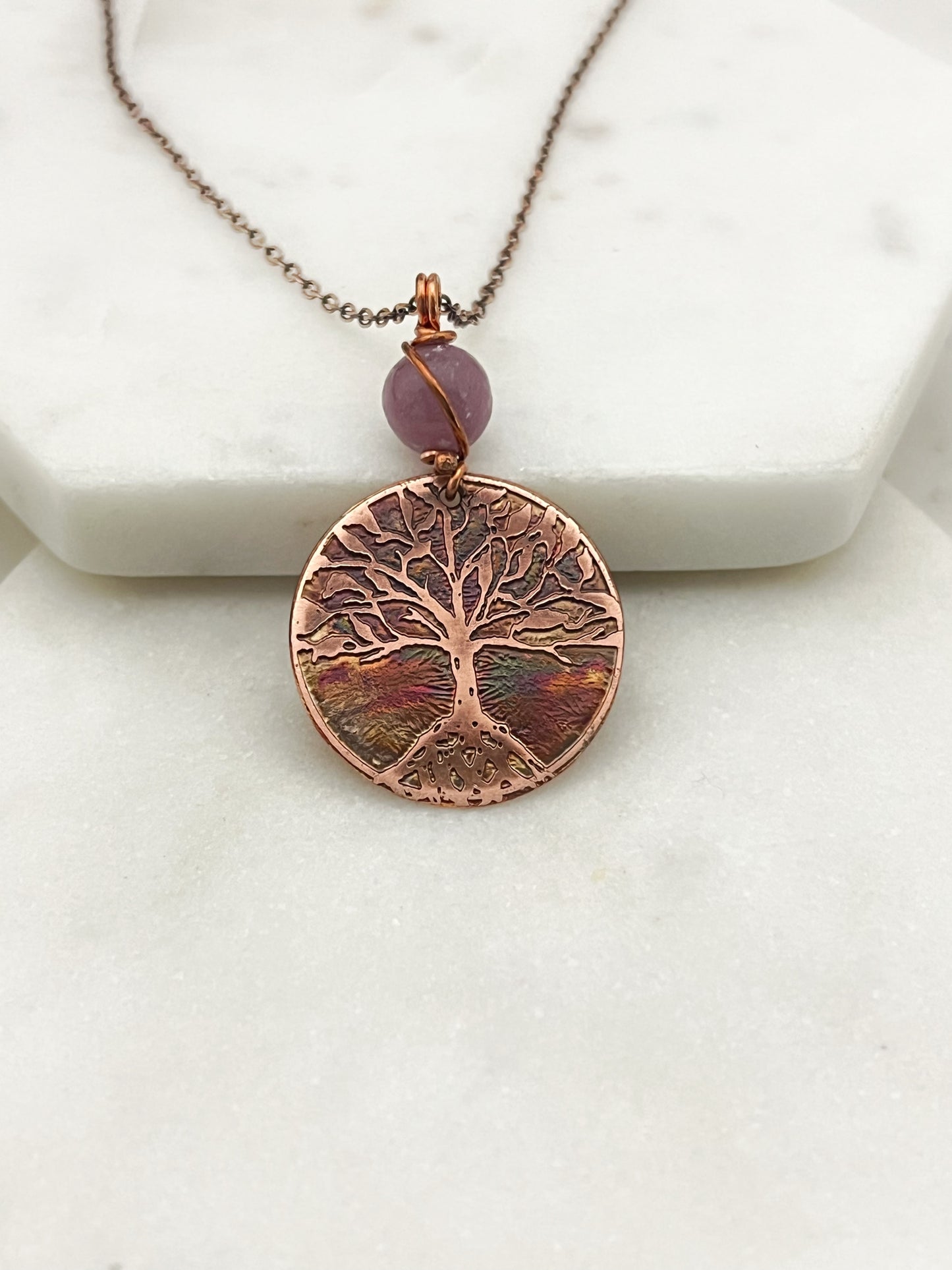 Copper and lepidolite rooted tree necklace