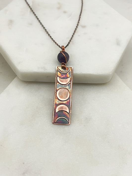 Moon phase acid etched copper necklace with amethyst gemstone