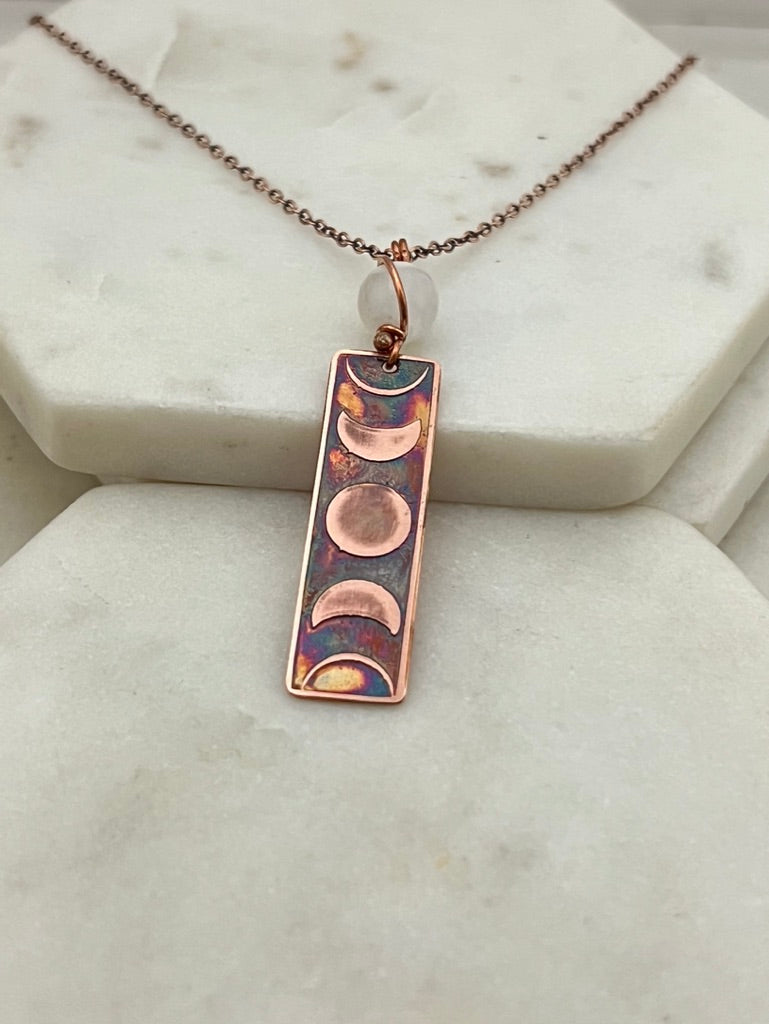 Moon phase acid etched copper necklace with moonstone gemstone