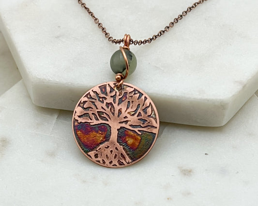 Copper and prehnite rooted tree necklace