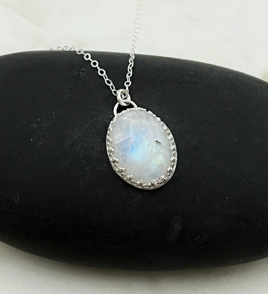 Rainbow moonstone and sterling silver necklace