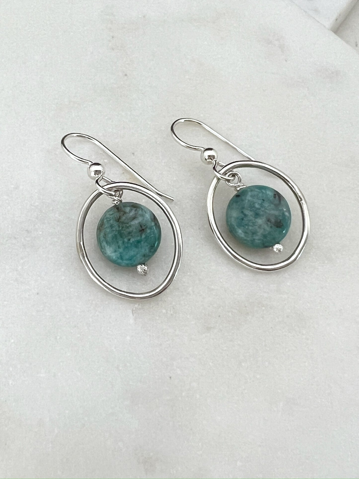 Sterling silver hoop earrings with amazonite gemstones