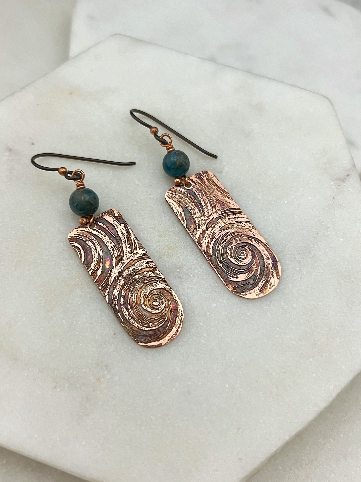 Acid etched copper earrings with apatite gemstones