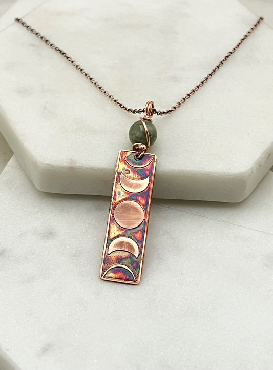 Moon phase acid etched copper necklace with Jade gemstone