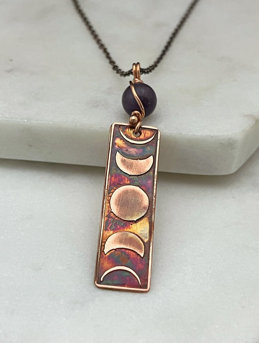 Moon phase acid etched copper necklace with amethyst gemstone