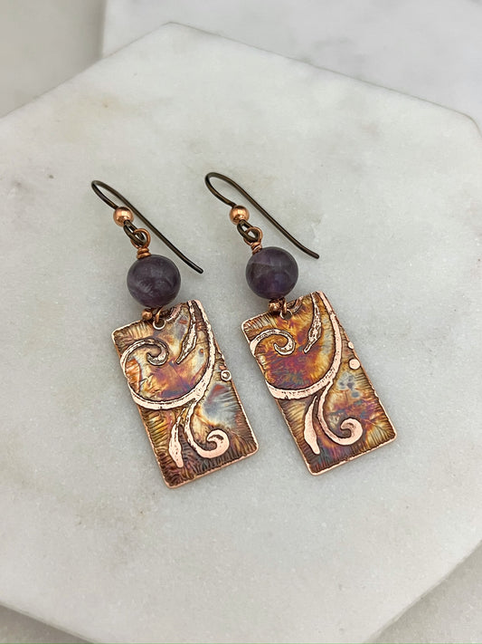 Acid etched copper earrings with amethyst gemstones