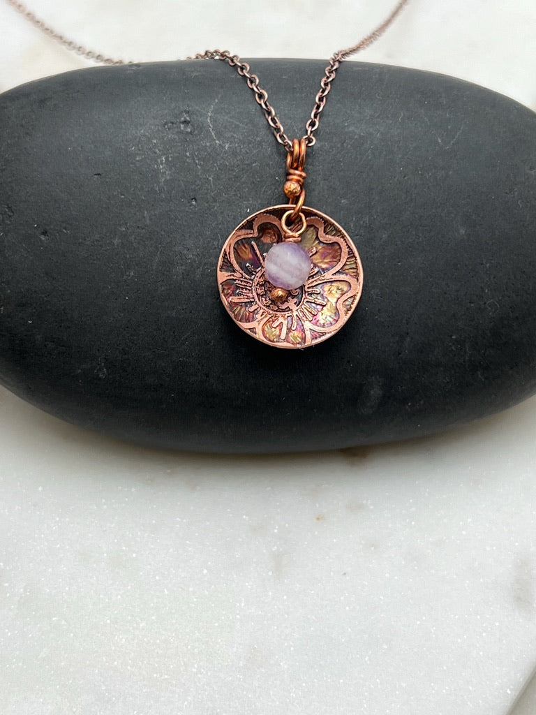 Acid etched copper necklace with amethyst gemstone