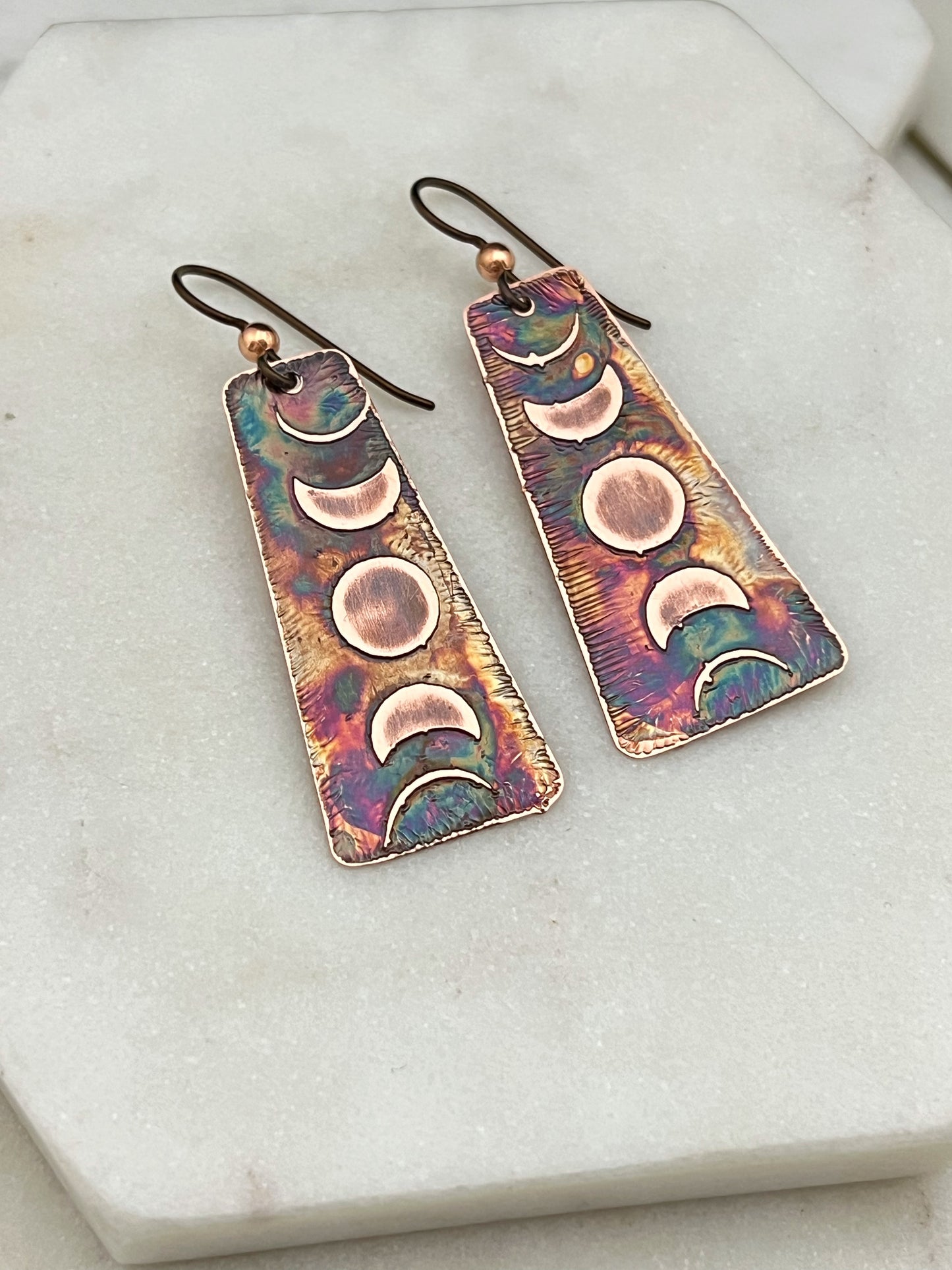 Acid etched copper moon phase earrings