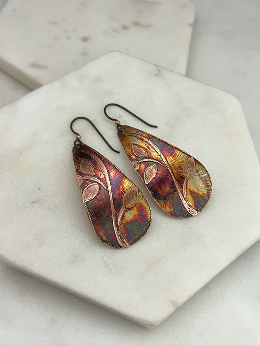 Large acid etched copper teardrop earrings