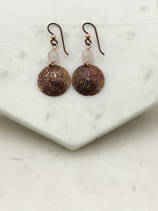 Acid etched copper earrings with rose quartz gemstones